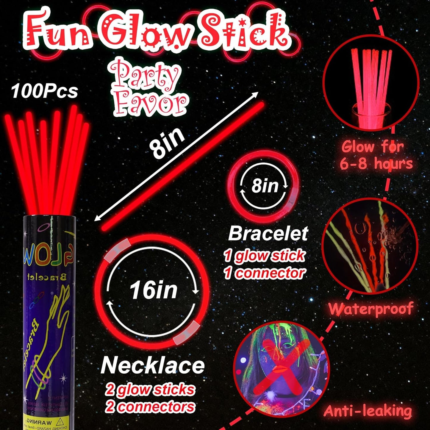 100 pk 8" Glow Sticks Bulk Party Favors, Light up Glow Necklaces & Bracelets in the Dark Party Supplies For Christmas Halloween 4th of July Birthday Neon Party (100 * Blue)