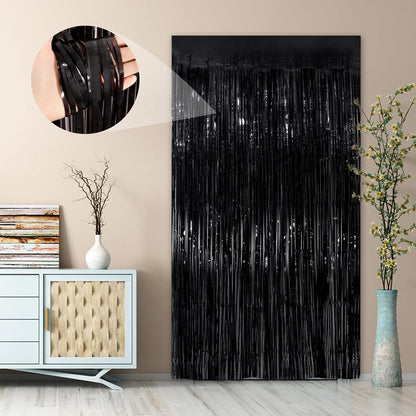 Black Fringe Curtain Party Streamers 2Pack 3.3x8.3 Ft Foil Fringe Backdrop Curtains for Birthday Wedding Bridal Baby Shower Halloween Decor Tinsel Streamers Black Party Decorations Door Streamers