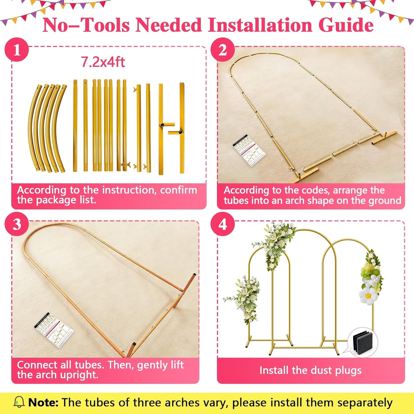 Metal Arch Backdrop Stand, Set of 3 (4ft / 5ft / 6ft) Gold Arch Backdrop with 12 Ground Nails, Stable Arched Background Stand for Wedding, Baby Shower, Birthday Party, Photography