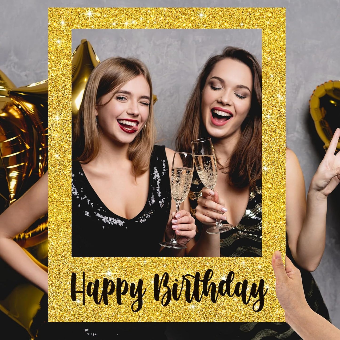 Beeveer 32 x 24 Inch Extra Large Happy Birthday Photo Booth Selfie Frame Props Picture DIY Cutouts Photo Backdrop Cardboard Props for Party Supplies Favors(Vertical,Shiny Gold)