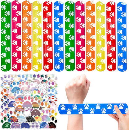 CZWXOXO 74Pcs Dinosaur Theme Party Favors Contain 24 Pcs Slap Bracelets 50Pcs Stickers, Dino Theme Birthday Party Decorations,Classroom Rewards Supplies.