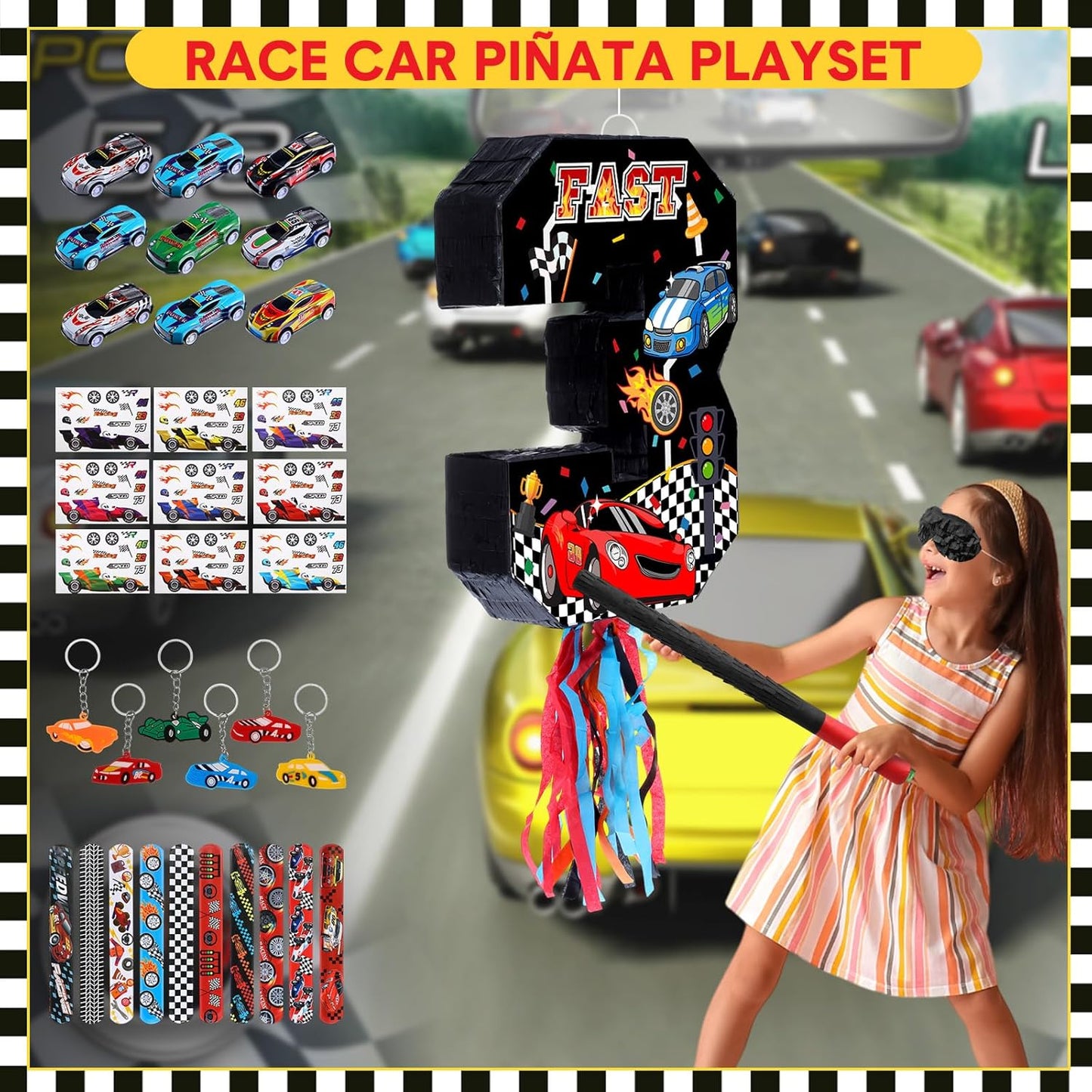 Pasimy Number 3 Piñata Race Car Party Favors Set with Black Red Birthday Piñata Stick Blindfold Slap Bracelet Keychain Sticker Racecar Party Gifts Birthday Decorations Goodie Bag Stuffer Supplies