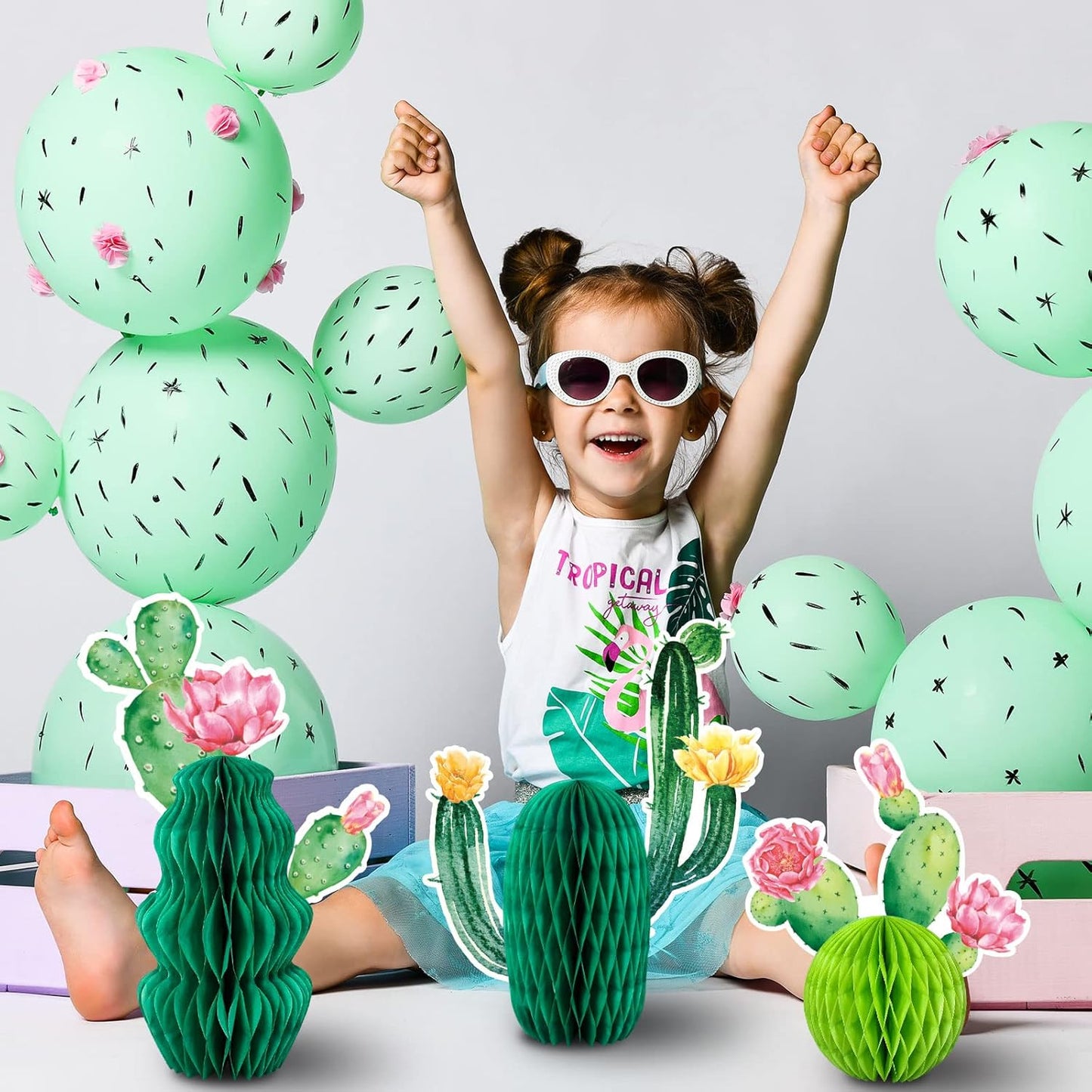 Whaline 6Pcs Cactus Honeycomb Table Centerpieces Pink Yellow Blooming Cactus Decorations for Hawaiian Luau Mexican Fiesta Cinco De Mayo Birthday Baby Shower Party Supplies, 3 Designs