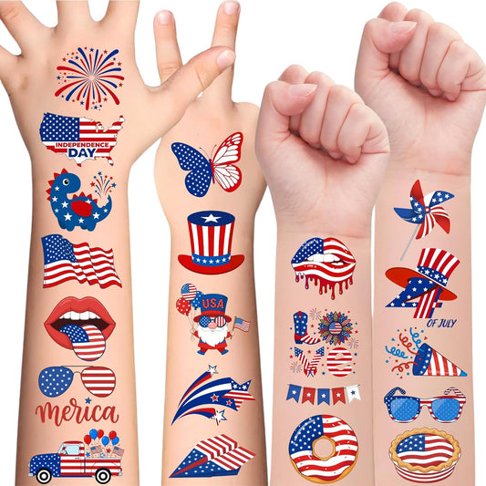 4th of July Temporary Tattoos - 105 PCS USA stickers Fourth of July Party Favors Supplies Decorations Patriotic Accessories Memorial Labor Independence Day Red White Blue American Flag