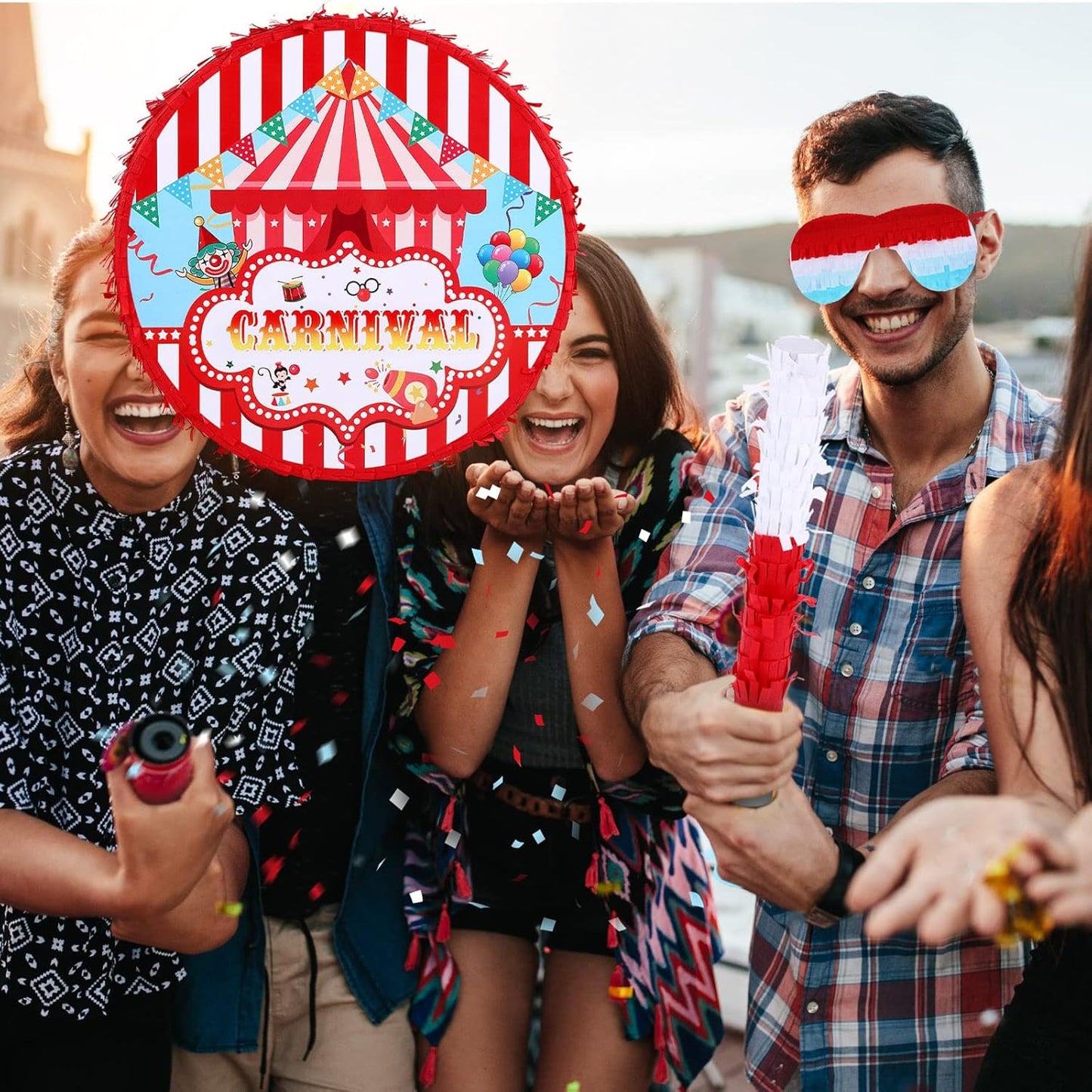 Deekin Large Carnival Piñata Stick with Blindfold Confetti Set Circus Tent Piñata for Birthday Carnival Theme Party Decorations Gaming Holiday Celebration Game Supply