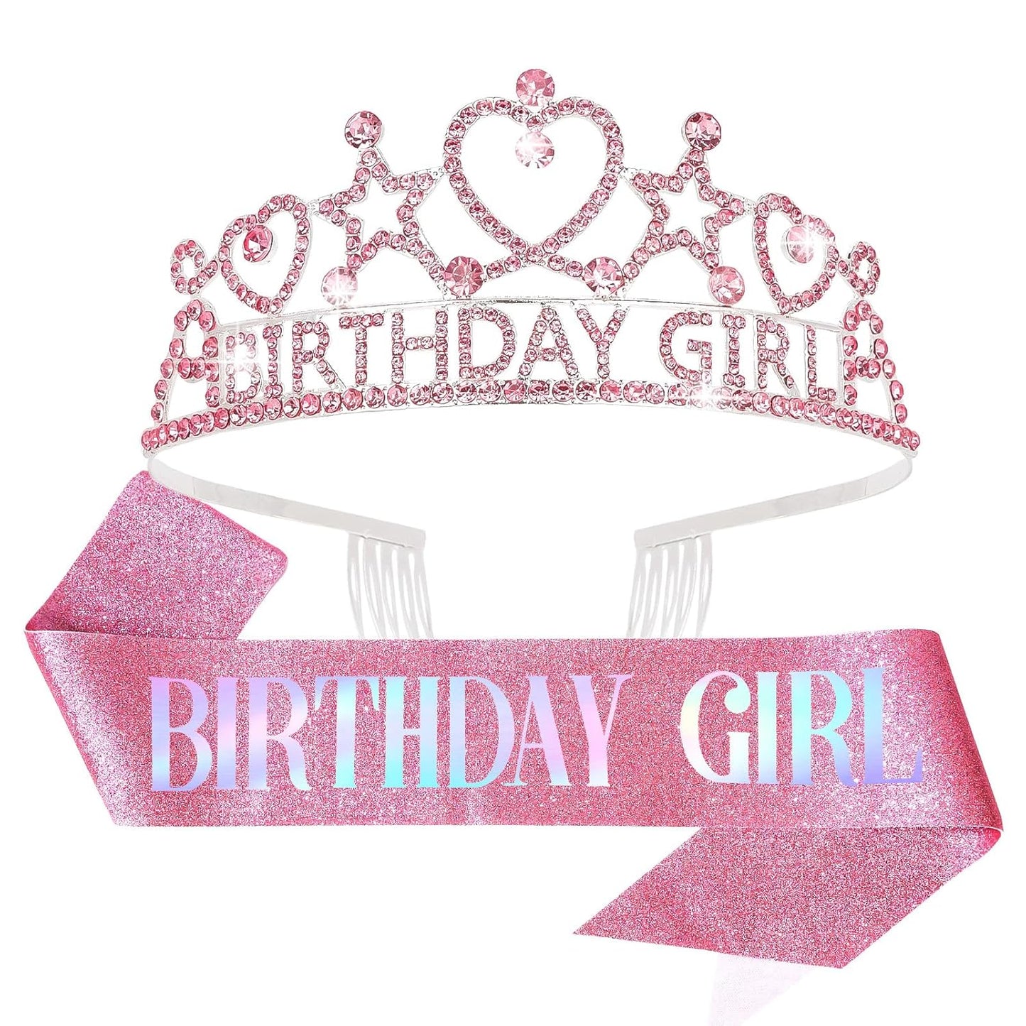 CIEHER Birthday Girl Crown and Sash Set for Birthday Decorations Gifts for Women Girls - Silver AB Rhinestones