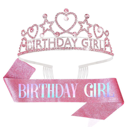 CIEHER Birthday Girl Crown and Sash Set for Birthday Decorations Gifts for Women Girls - Silver AB Rhinestones