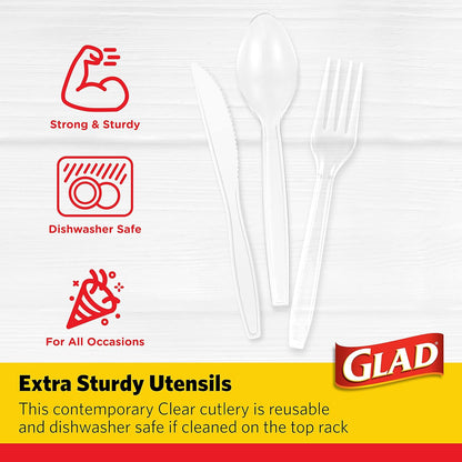 Glad Clear Disposable Cutlery Set with Heavy Duty Plastic Forks, Knives, and Spoons, Reusable Dishwasher Safe Plastic Utensils for Parties and Everyday Use, 240 Count
