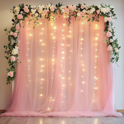 Fomcet Tulle Backdrop Curtains with Lights String White 10FT X 8FT Sheer Curtain with Lights Tulle Curtains Backdrop for Wedding Birthday Party Baby Shower Photo Shoot (2 Panels 5x8FT)