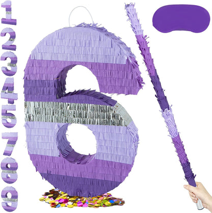 PCFING 20 Inch Number 1 Piñata Purple Silver with 30 Inch Piñata Stick Blindfold Confetti for Boy Girl Kids Birthday Party Decorations, Anniversary Celebration, Fiesta
