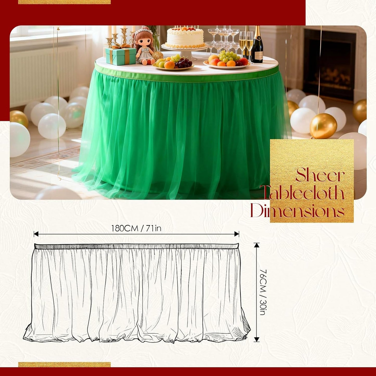 THARAHT Tulle Table Skirt 6FT 180CM Long for Rectangle Tables Round Tables Ruffle Desk Skirt for Princess Girls Birthday Party Cake Dessert Decorations Table Skirt
