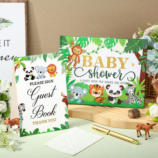 Fuyoooo 27 Pcs Safari Animal Baby Shower Guest Book Set Baby Shower Sign in Guest Floral Book Place Table Cards with Gold Pen Adhesive Photo Corner for Birthday Party
