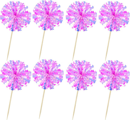 Ephlyn 30Pcs Foil Firework Cupcake Toppers Sparkle Tinsel Cupcake Picks Drink Stirrers Cocktail Food Fruit Toothpicks for Baby Shower Graduation Party Supplies White