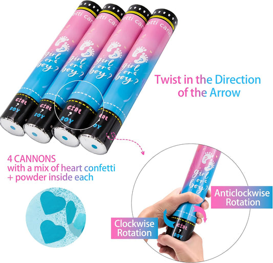 Crisky Gender Reveal Confetti Cannon Heart Shaped Confetti Poppers 4 Pack (Pink) for Baby Shower Baptism Party Cannons Shooter Blaster