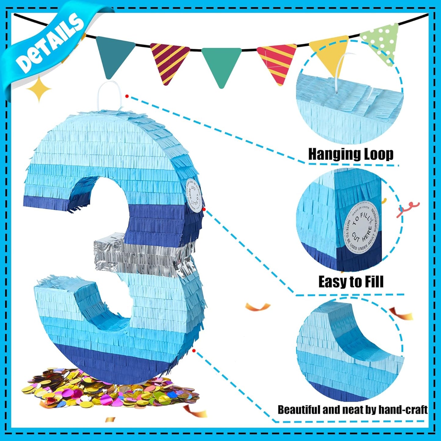 PCFING 20 Inch Number 3 Piñata Blue Silver with 30 Inch Piñata Stick Blindfold Confetti for Boys Girls Adults Birthday Party Decorations, Anniversary Celebration, Fiesta