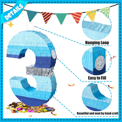 PCFING 20 Inch Number 3 Piñata Blue Silver with 30 Inch Piñata Stick Blindfold Confetti for Boys Girls Adults Birthday Party Decorations, Anniversary Celebration, Fiesta