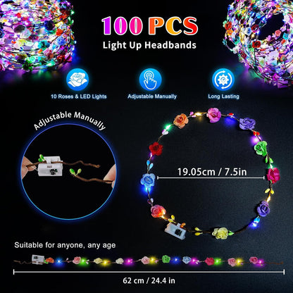 HONLYNE 24 PCS LED Flower Crowns Headbands, Light Up Flower Crowns for Women & Girls, Glow in The Dark Flower Hairbands Wreath for Wedding Beach Party Birthday Cosplay Gifts, Halloween, Christmas