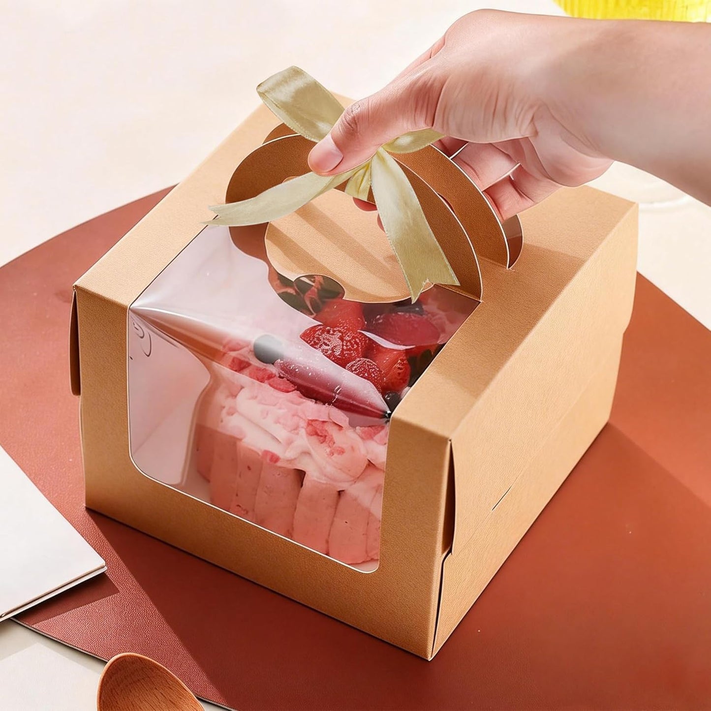 15PCS Brown 6x6x6 Inch Cake Boxes with Window Handle Boxes 6 Inch with Cake Boards for Gift Giving Elegant Paper with Ribbon Stickers for Weddings Birthdays Holidays Corporate Event Party Favors