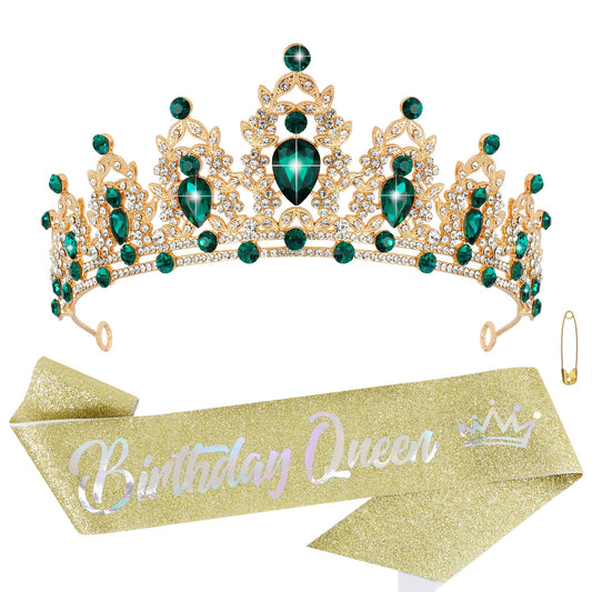 Atoden Green Birthday Crown and Sash Tiara for Women and Girls, Crystal Rhinestone Tiara for Birthday Party, Wedding, Quinceanera, Prom, Festival, EF8277