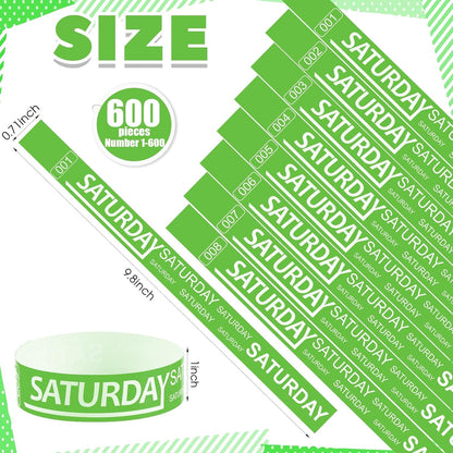 Henoyso 600 Pcs Saturday Paper Wristbands Event Admission Paper Bracelets Numbered Waterproof Party Armbands for Events Day of the Week(Red)