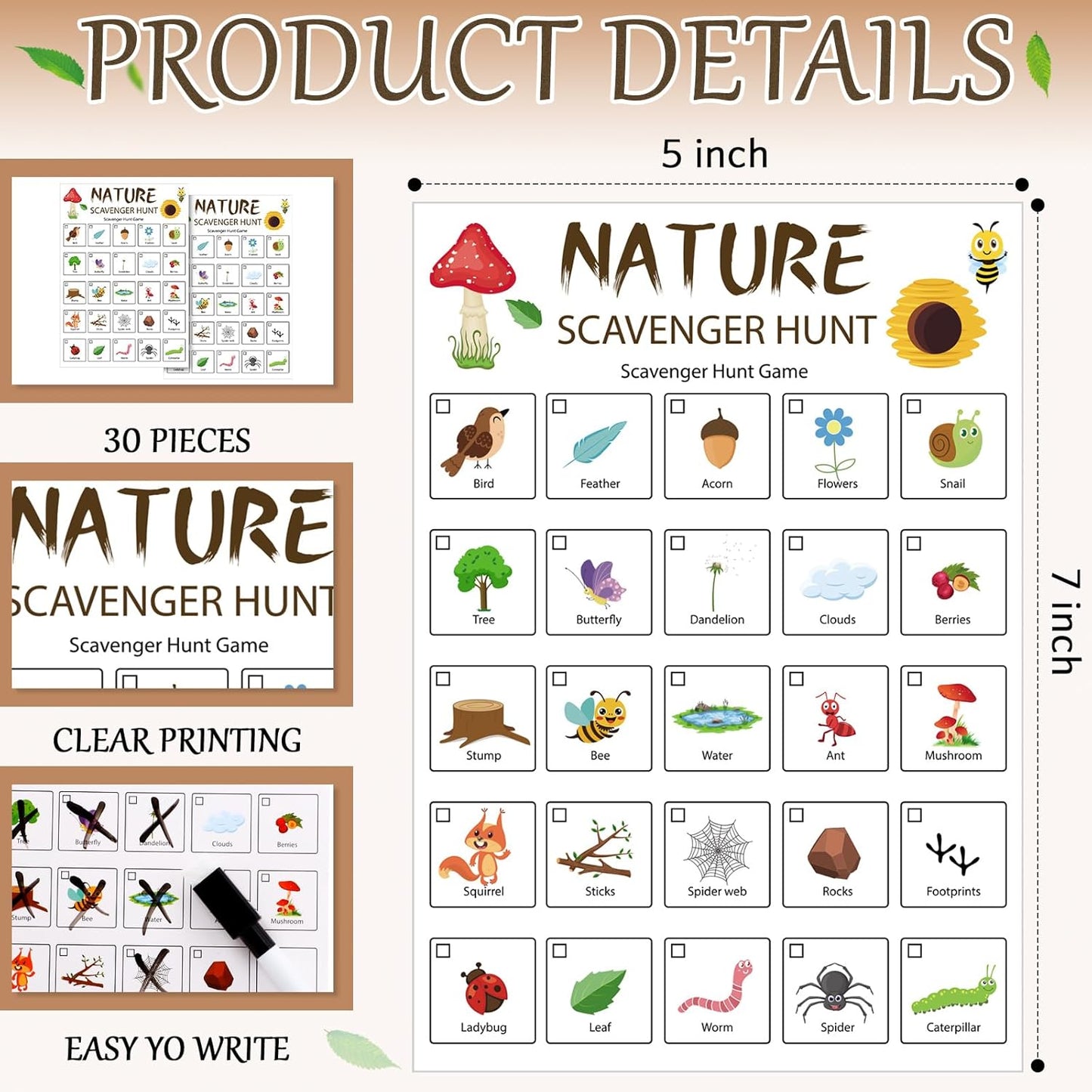 Hoolerry 30 Pcs Nature Scavenger Hunt for Kids Road Trip Game Car Spring Summer Easter Scavenger Hunt Cards Travel Activities Camping Games Outdoor Indoor Seek Activity for Kids Adults(Nature)