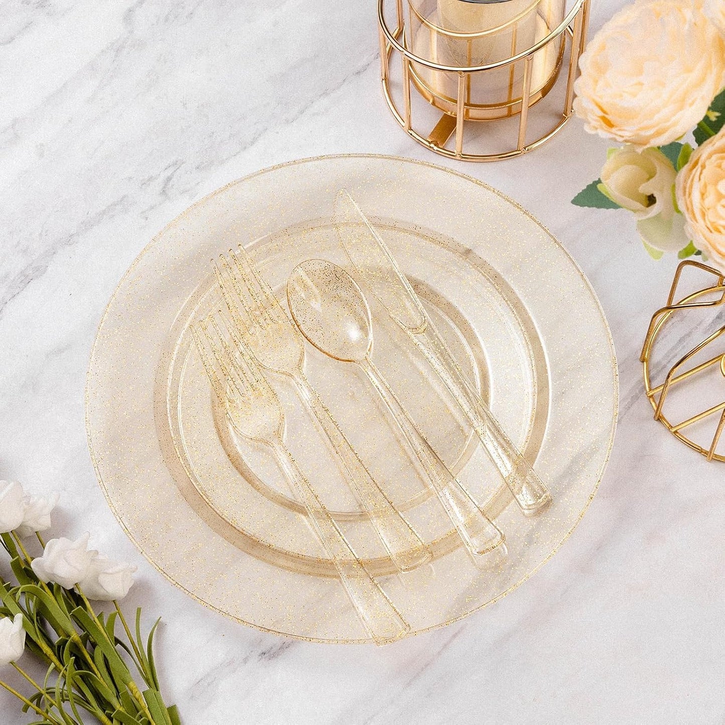 Goodluck 200PCS Gold Plastic Plates, Heavy Duty Disposable Gold Plates with 100 10.25 inch Dinner Plates and 100 7.5 inch Dessert Plates for Party, Holiday, Wedding, Thanksgiving