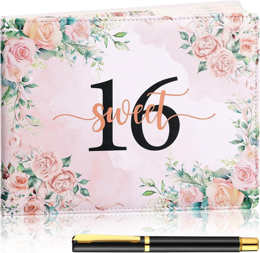 Frienda Sweet 16 Guest Book Sweet 16 Birthday Party Guest Book Pink Leather Hardcover Signature Keepsake Page 16th Birthday Party Decorations Gifts for Girls (Princess Style)