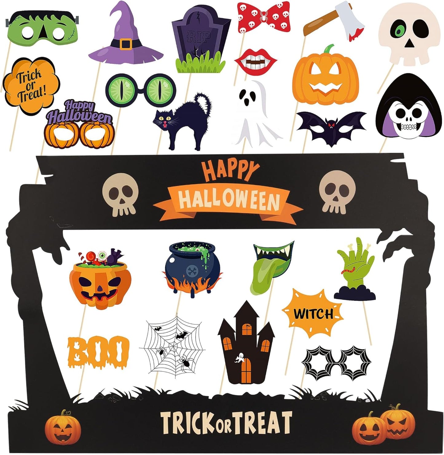 Lucleag Halloween Photo Booth Props Kit, 24Pcs Photo Props & Selfie Frame for Photos Decor, Ghost Bat Pumpkin Spider Photo Props for Halloween Decor Trick or Treat Party Supplies