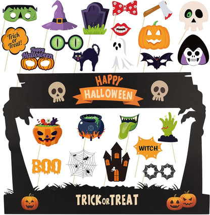 Lucleag Halloween Photo Booth Props Kit, 24Pcs Photo Props & Selfie Frame for Photos Decor, Ghost Bat Pumpkin Spider Photo Props for Halloween Decor Trick or Treat Party Supplies