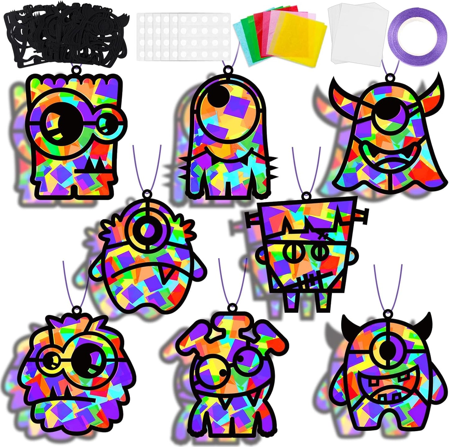 QOUBAI 32 Sets Stars Suncatchers Craft Back to School DIY Stained Glass Window Patriotic 4th of July Paper Craft Home School Classroom Decor Kid Birthday Gift Creative Art Activity Game - Colors B