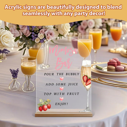 Acrylic Arch Mimosa Bar Sign, Pink Bow Champagne Acrylic Mimosa Bar With Base Supplies For Baby Shower Bridal Shower, Birthday, Bachelorette Engagement Party, Welcome Sign For Table Party -A14