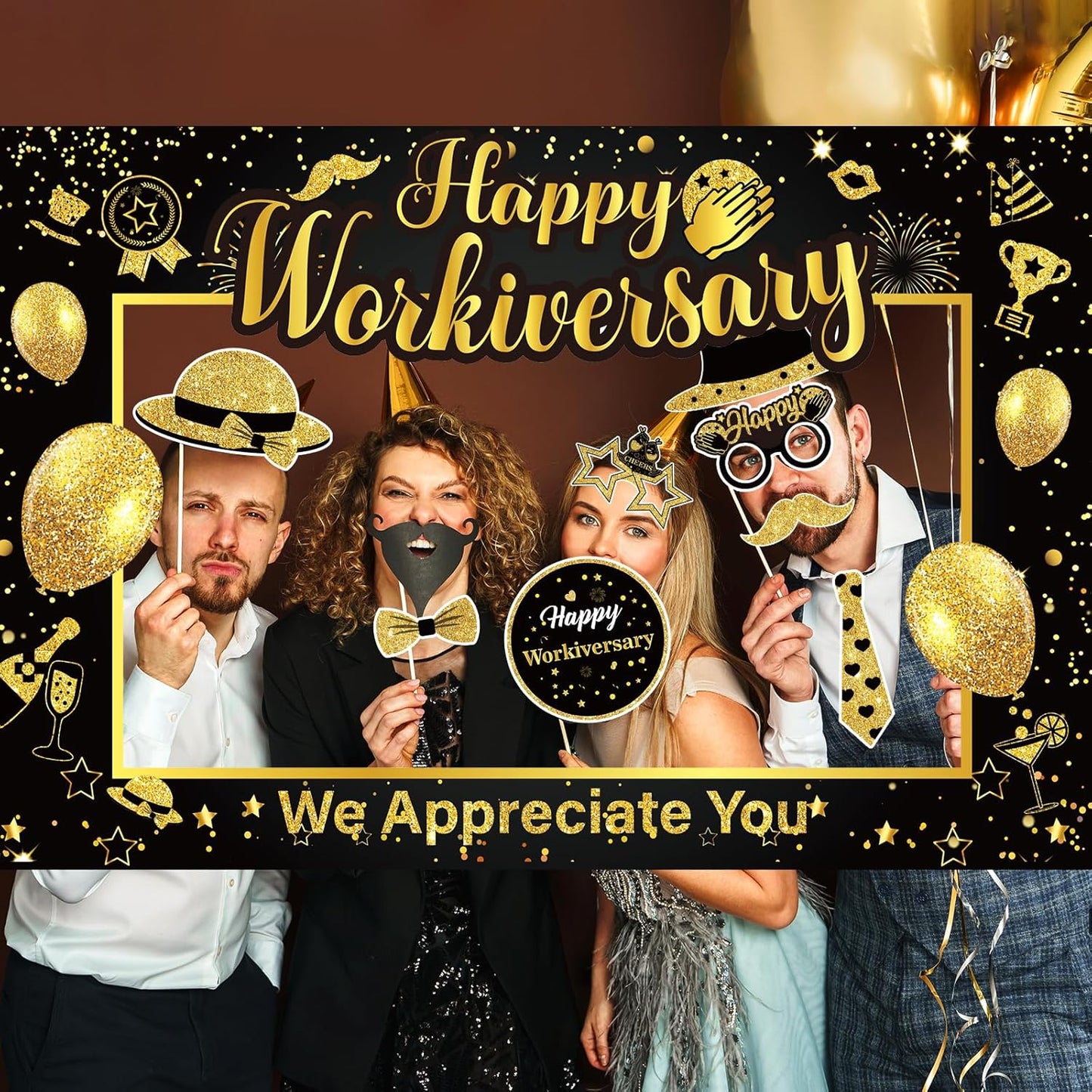 We Appreciate You Thank You Decorations Happy Work Anniversary Decorations Black Gold Selfie Photo Frame & 25pcs Photo Booth Props for Employee Staff Teacher Doctor Graduation Party Decor Supplies