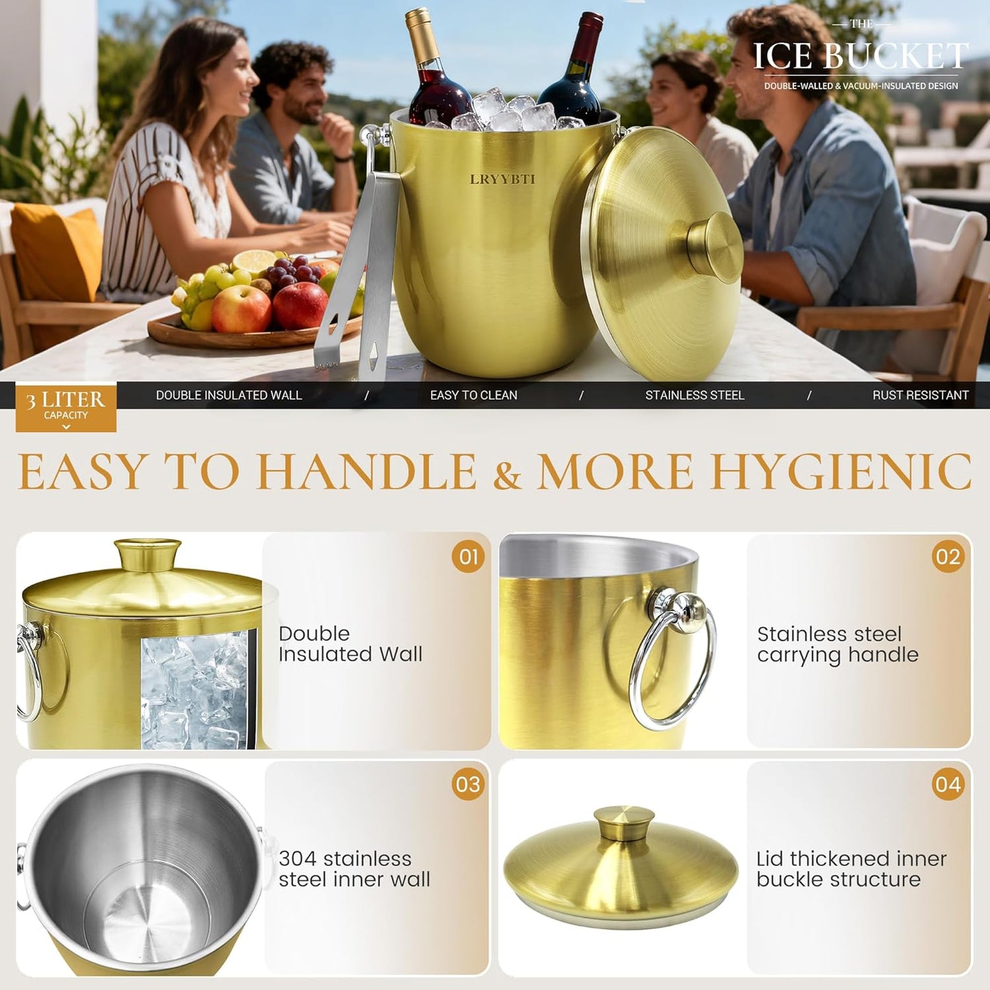 Ice Buckets for Parties with Lid,Tongs and Strainer (3L/Silver) Double Wall Stainless Steel Ice Bucket Keeps Frozen Longer,Ideal Perfect for Parties, Cocktail bar, Chilling Wine, Champagne