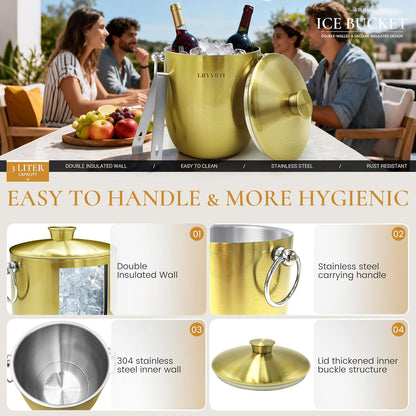 Ice Buckets for Parties with Lid,Tongs and Strainer (3L/Silver) Double Wall Stainless Steel Ice Bucket Keeps Frozen Longer,Ideal Perfect for Parties, Cocktail bar, Chilling Wine, Champagne