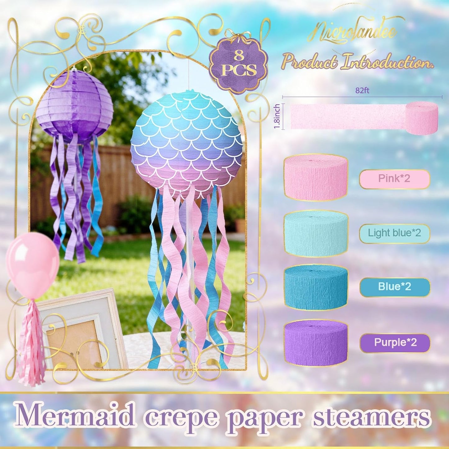 NICROLANDEE Party Streamers Decorations - 8 Rolls Crepe Paper Streamers Tassels Streamer Paper for Birthday Party, Baby Shower, Class Party, Family Gathering Supplies Purple Pink Blue