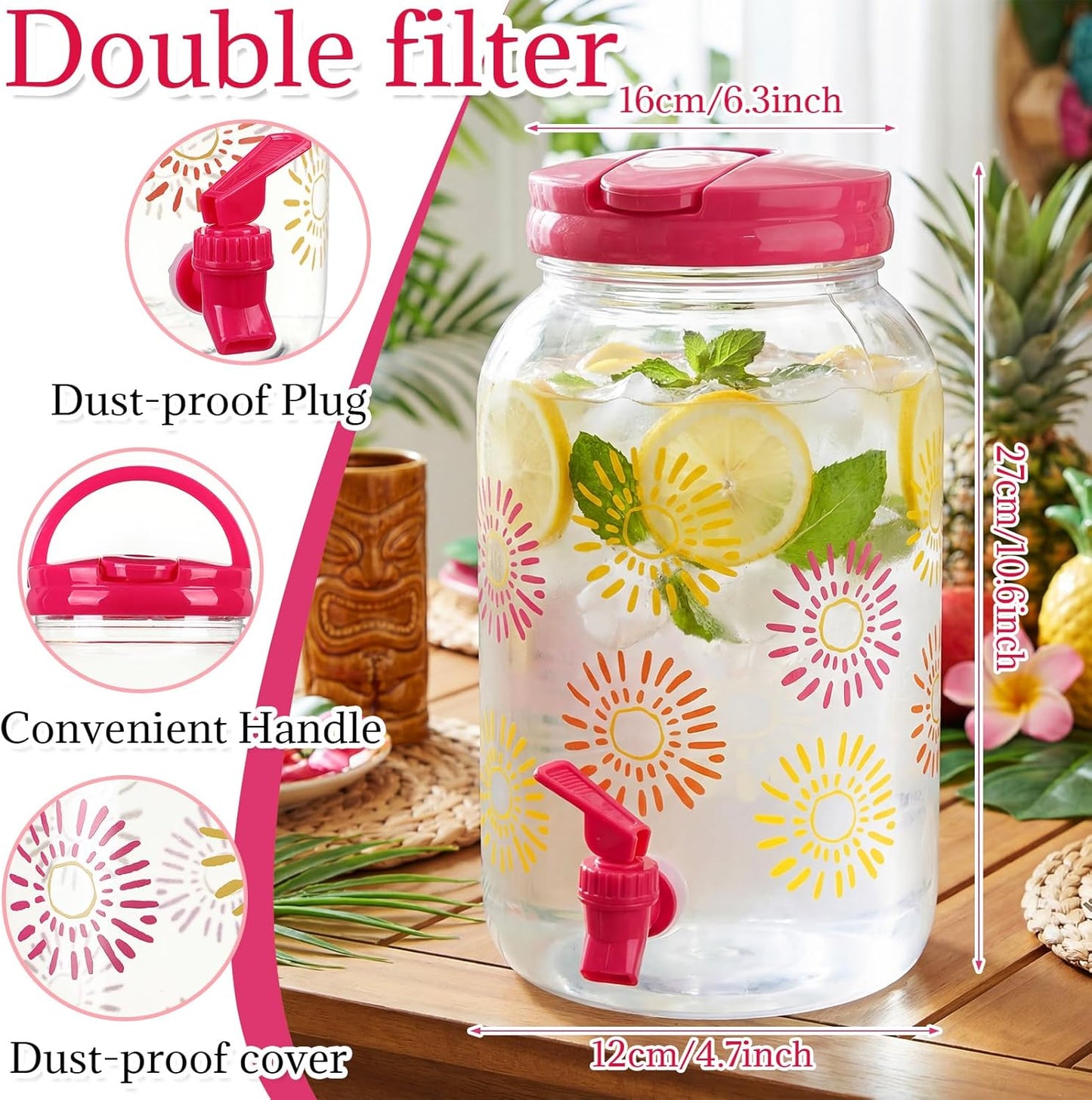 Havawish 2 Pcs 1 Gallon Plastic Beverage Dispenser with Spigot Clear Summer Kitchen Fridge Drink Dispenser for Parties Lemonade Juice Tea Beer Cold Water (Red,Cylinder)
