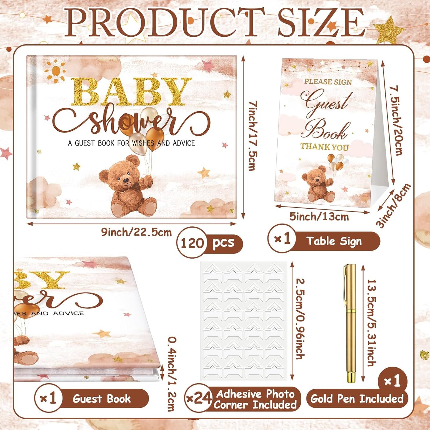 Fuyoooo 27 Pcs Safari Animal Baby Shower Guest Book Set Baby Shower Sign in Guest Floral Book Place Table Cards with Gold Pen Adhesive Photo Corner for Birthday Party
