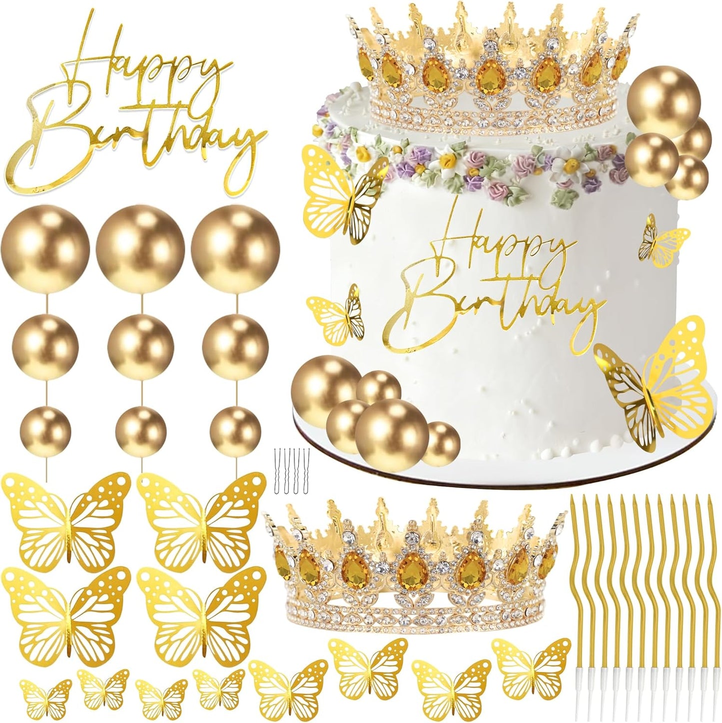 Crown Cake Topper, Balls Happy Birthday Cake Topper Pink Crown Birthday Candles Gold Butterflies, Corona Para Pastel, Cake Decorations for Birthday Wedding (Gold, Pink)