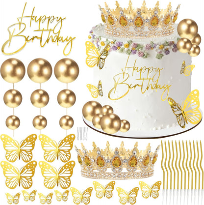Crown Cake Topper, Balls Happy Birthday Cake Topper Pink Crown Birthday Candles Gold Butterflies, Corona Para Pastel, Cake Decorations for Birthday Wedding (Gold, Pink)