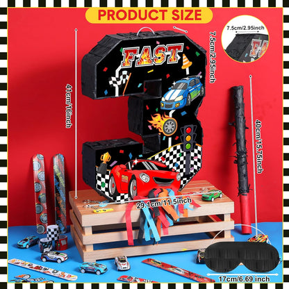 Pasimy Number 3 Piñata Race Car Party Favors Set with Black Red Birthday Piñata Stick Blindfold Slap Bracelet Keychain Sticker Racecar Party Gifts Birthday Decorations Goodie Bag Stuffer Supplies