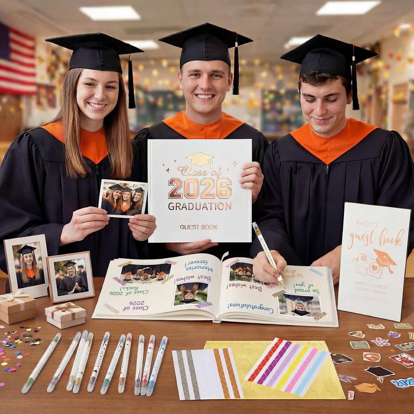 Pajean Graduation Guest Book Set Class of 2026 Memory Scrapbook with Photo Guest Book Sign Dual Tip Pens Photo Corner Stickers Grad Cap Stickers for Grad Party Decorations Supplies Gifts (Black)
