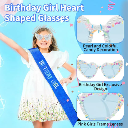 3Pcs Birthday Girl Sash Headband Set-Birthday Sash Tiara and Crown Sunglasses for Girls Women