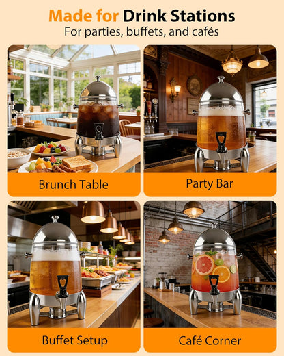 Beverage Dispenser with Stand,2 Gallon Drink Dispenser for Parties,Events,Buffet &Self-Serve,Dual Ice Tube Core Fruit Infuser,Leakproof Spigot,Clear PC Container,Stainless Steel Lid&Base