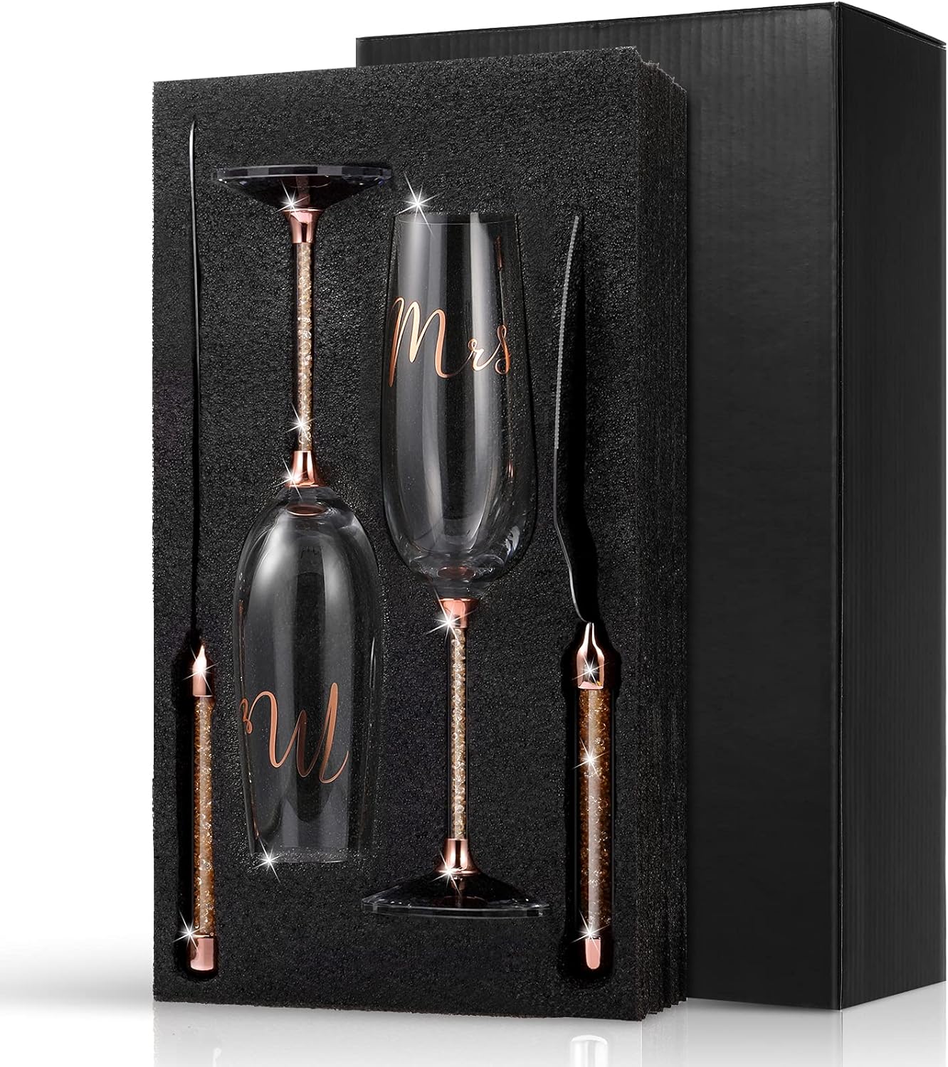 Boao 4 Piece Wedding Cake Knife and Champagne Flutes Server Set Mr and Mrs Toasting Flutes Crystal Rhinestone Cake Cutting Set for Bride and Groom Wedding Engagement Bridal Shower Gifts(Silver)