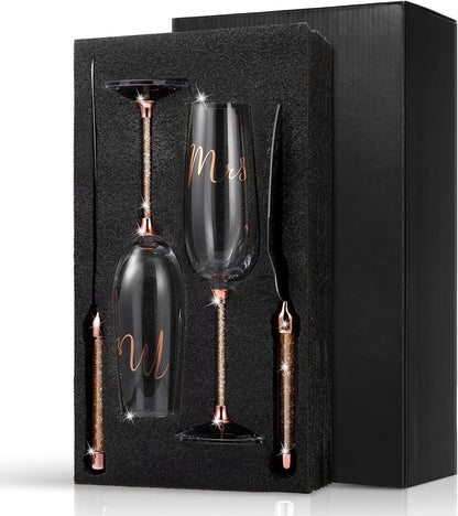 Boao 4 Piece Wedding Cake Knife and Champagne Flutes Server Set Mr and Mrs Toasting Flutes Crystal Rhinestone Cake Cutting Set for Bride and Groom Wedding Engagement Bridal Shower Gifts(Silver)