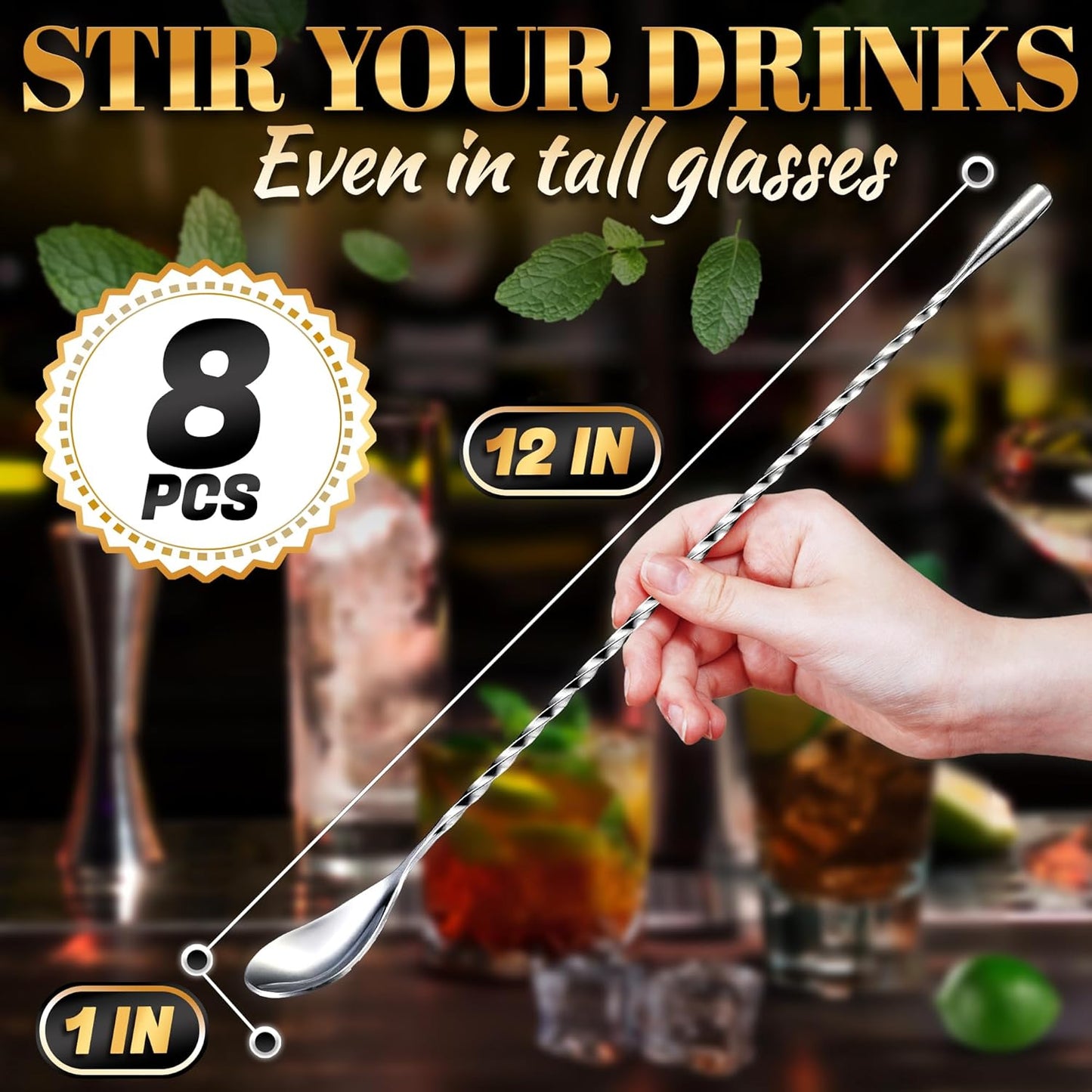4 Pcs Bar Spoon Cocktail Mixing – Stirs Deep Glasses All the Way to the Bottom, Even Mixing & Easy Drink Layering – 12'' Long Balanced Stainless Steel Cocktail Stirrers for Drinks with Twisted Handle