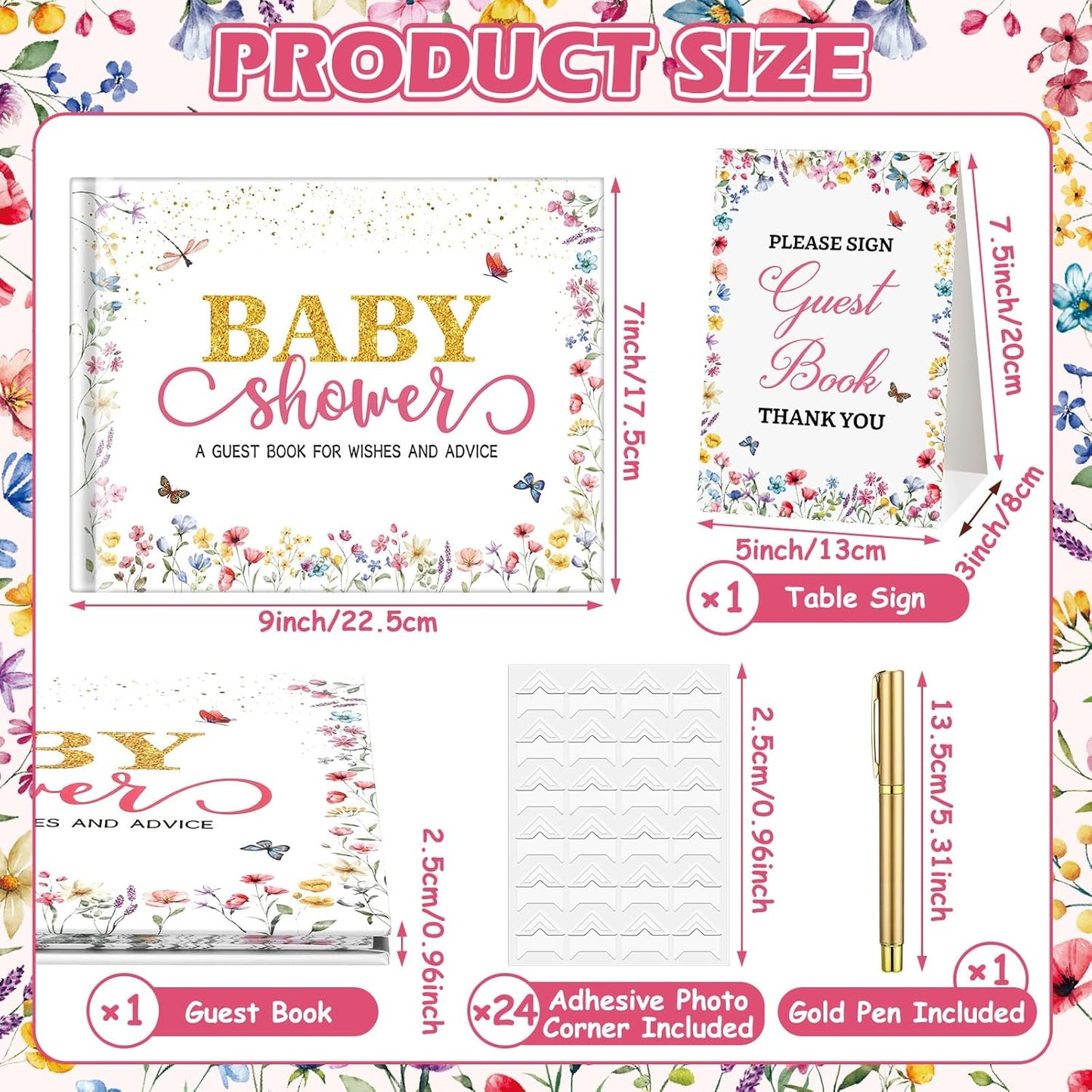 Fuyoooo 27 Pcs Safari Animal Baby Shower Guest Book Set Baby Shower Sign in Guest Floral Book Place Table Cards with Gold Pen Adhesive Photo Corner for Birthday Party
