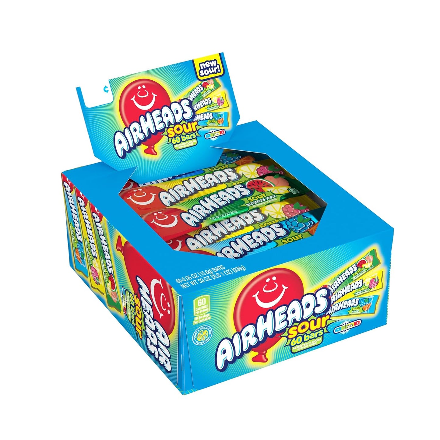 Airheads Full-Size Candy Bars, Taffy Candy Bulk Variety Pack, Individually Wrapped, Six Assorted Fruit Flavors Artificially Flavored, 60 Count Box