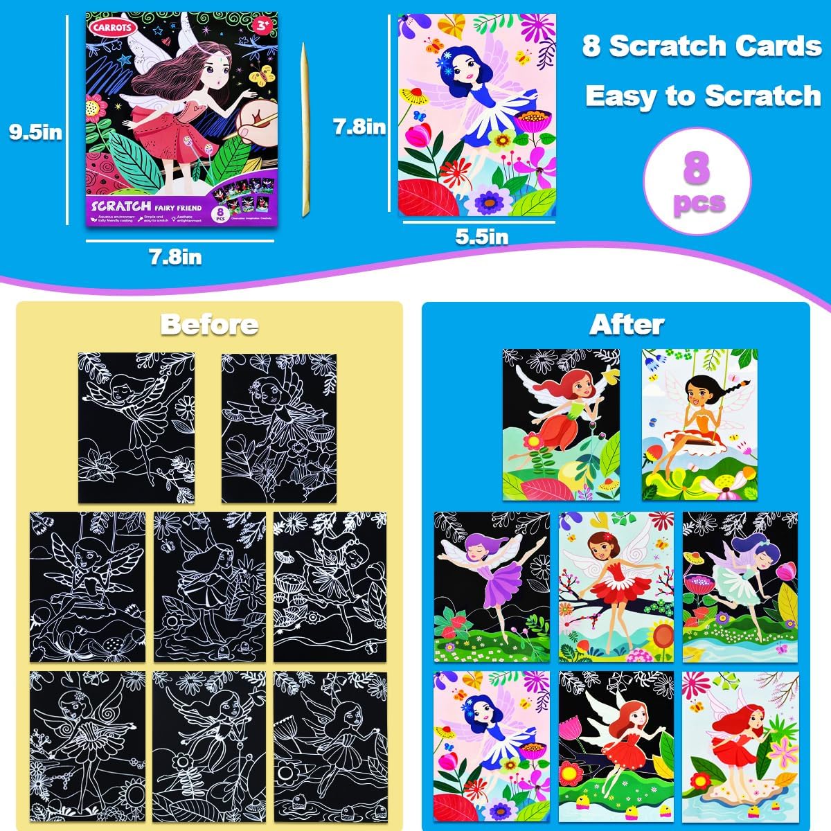 JUNQIU Scratch Art for Kids, Unicorns Black Rainbow Scratch Art Paper Set-Arts and Crafts & Supplies, DIY Activity & Party Games, Gifts for Toddlers, Girls & Boys Ages 3, 4, 5, 6, 7, 8