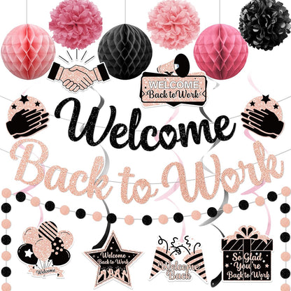 Welcome Back Decorations for Office Welcome Back to Work Decorations with Banner Circle Dot Garland Hanging Swirls Pompoms for Office Party Decor Sign